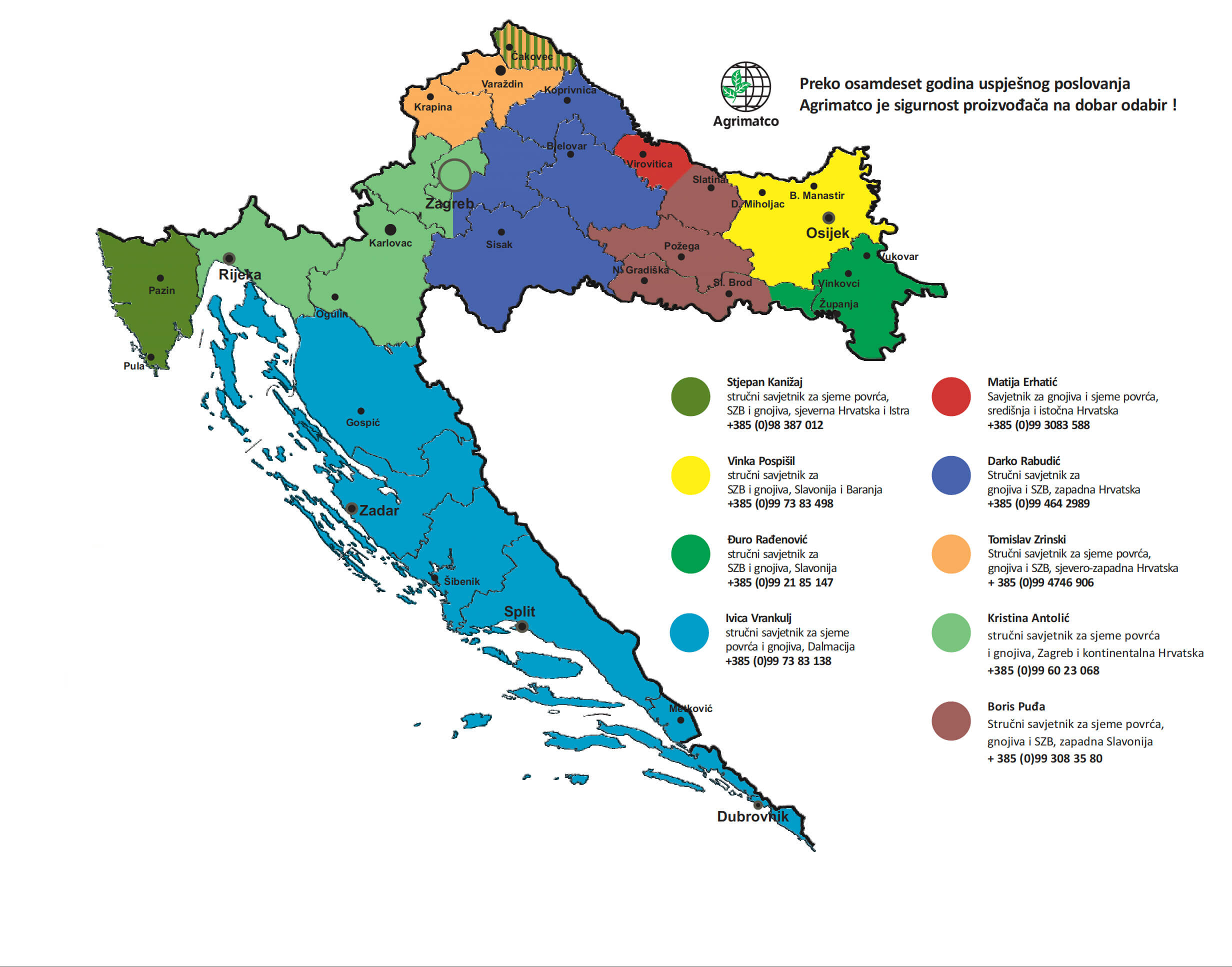 Područje rada pojedinih članova Agrimatco tima na karti Hrvatske.